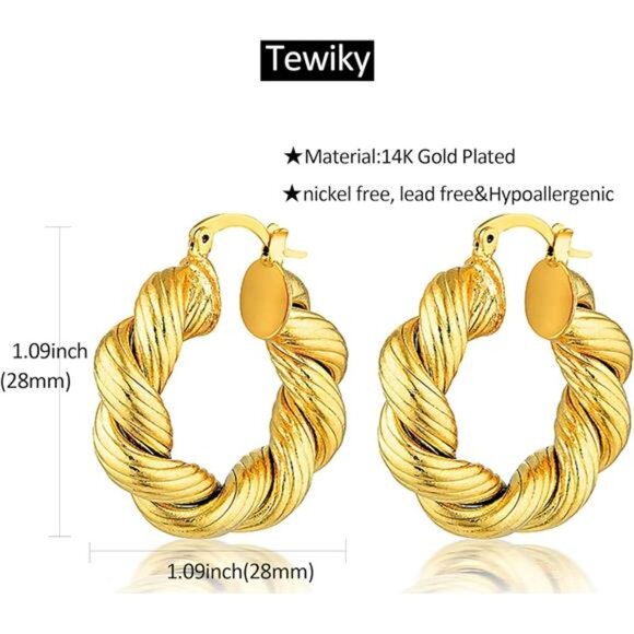 Chunky Gold Hoop Earrings 14k Gold Plated Triple Hoop Earrings Hypoallergenic - Picture 5 of 14